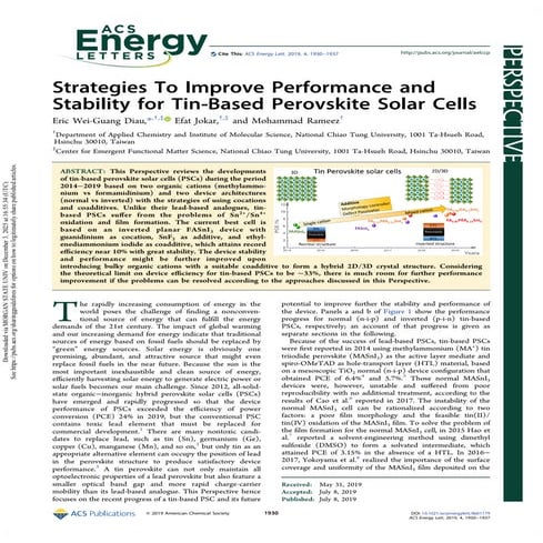 Strategies To Improve Performance and Stability for Tin-Based ...