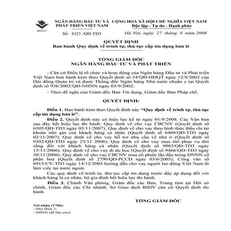 Quy định về trinh tự, thủ tục cấp tín dụng bán lẻ của BIDV