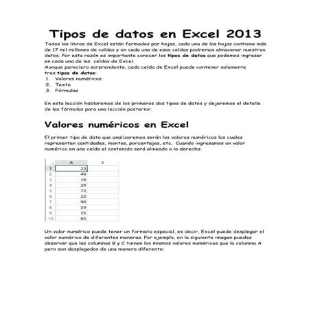 Tipos de datos en excel 2013
