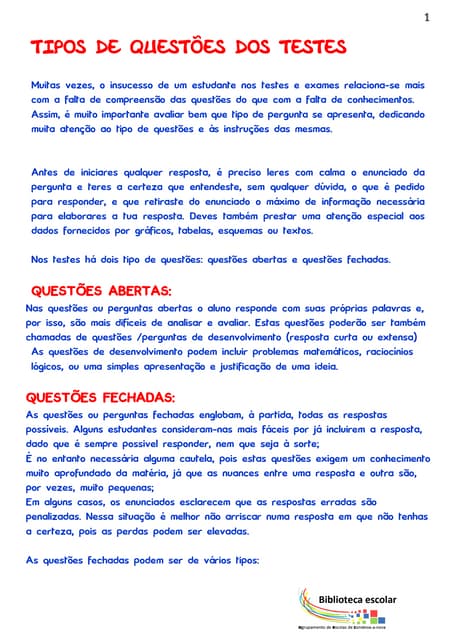 Tipos de questões dos testes