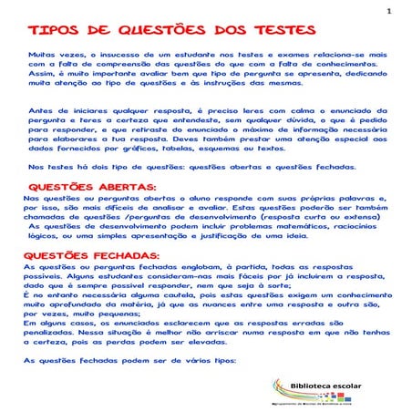 Tipos de questões dos testes | PDF
