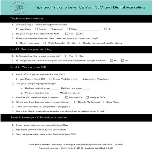 "Tips and Tricks to Level Up Your SEO and Digital Marketing" worksheet