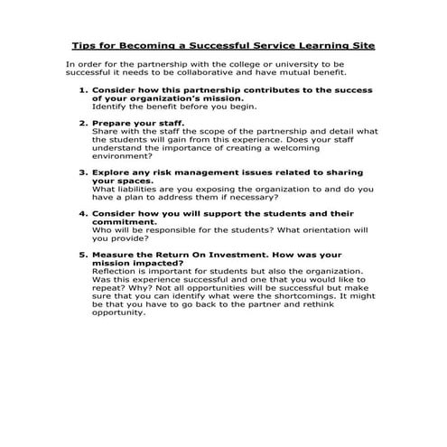 Tips for becoming a successful service learning site