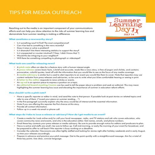 Summer Learning Day Tips for Media Outreach 2016 | PDF | Publishing ...