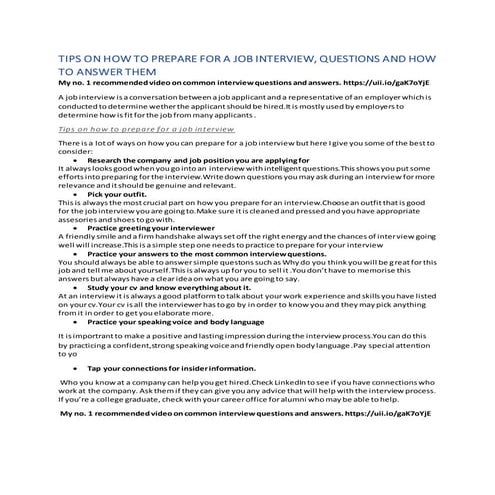 Tips on how to prepare for job interview ,common questions and how to answer ...