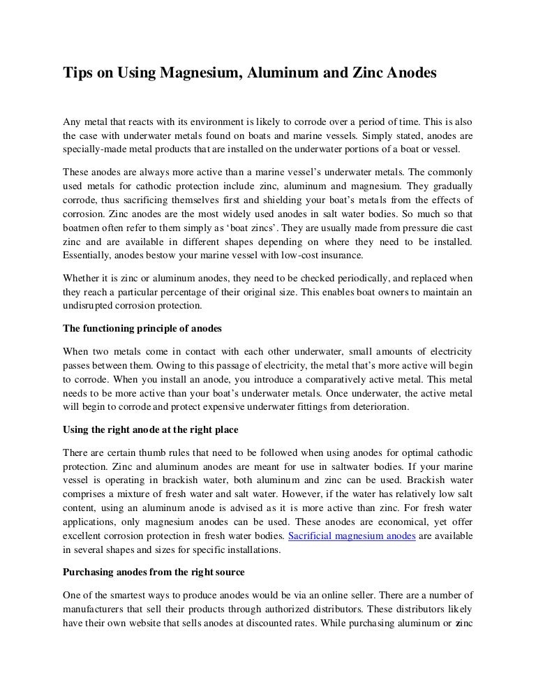 Tips on using magnesium aluminum and zinc anodes