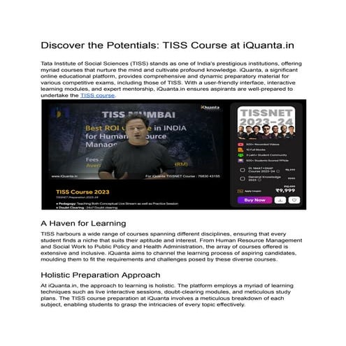 Discover the Potentials: TISS Course at iQuanta.in