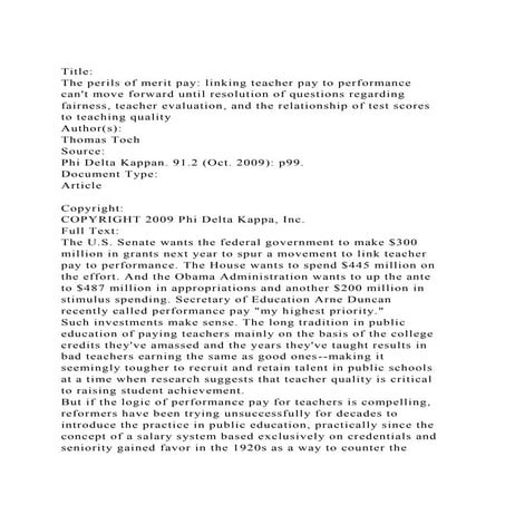 TitleThe perils of merit pay linking teacher pay to performanc.docx