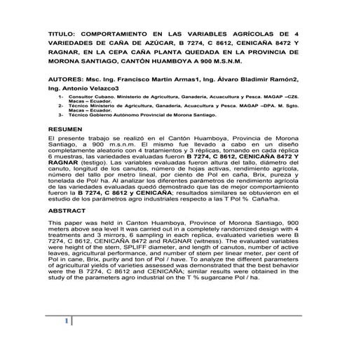 Comportamiento en las variables agrícolas de 4 variedades de caña de azúcar, ...