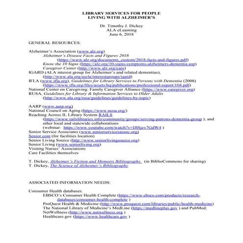 Providing Services to People Living with Alzheimer's: Resource List (June 2018)