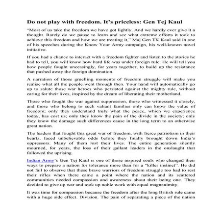 Do not play with freedom. It’s priceless: Maj Gen Tk Kaul