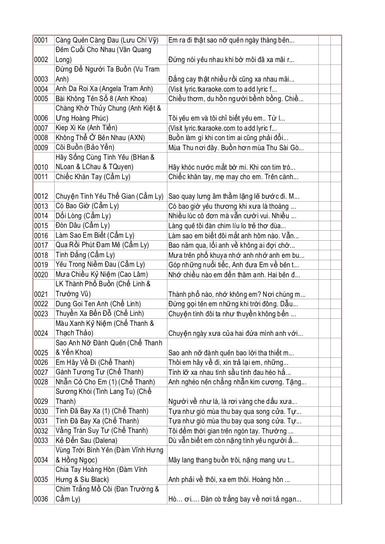 T karaoke song catalog