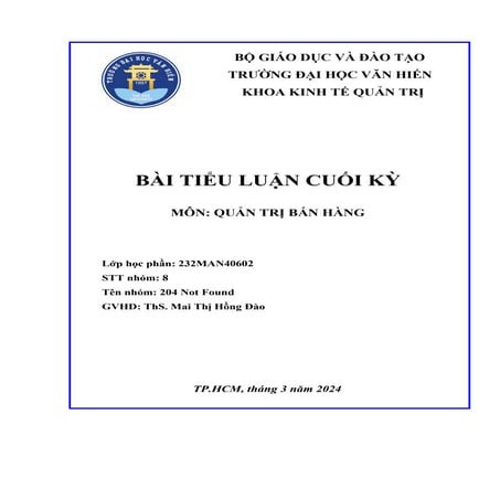 Tiểu luận môn Quản Trị Bán Hàng Đại học Văn Hiến