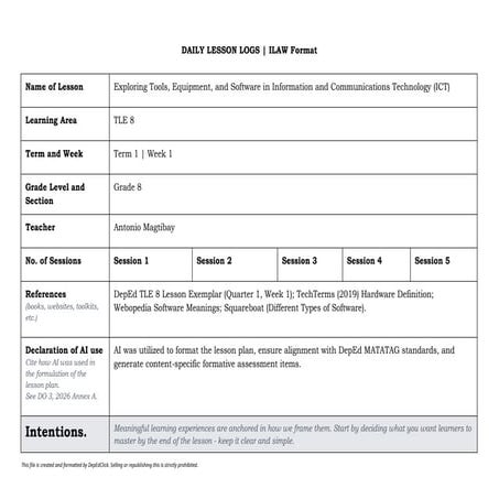 Comprehensive Grade 8 ICT Lesson on Tools, Equipment, and Software | DOCX