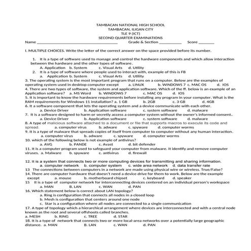 TLE 9 Second quarter exams (Parts of Computer)