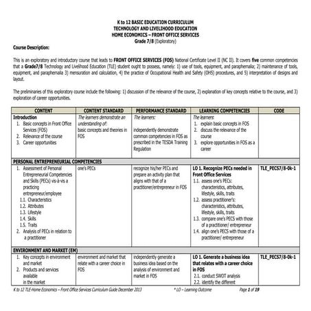 TLE/HE Front Office Services Curriculum Guide
