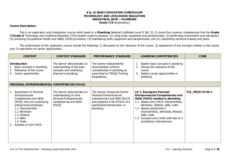 TLE-IA Plumbing Curriculum Guide
