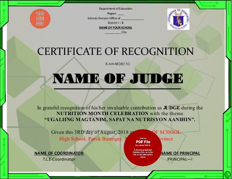 Free Deped Certificate: Tle nutrition month certificate of judge 4
