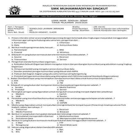 Soal ujian UAS teknologi layanan jaringan XII