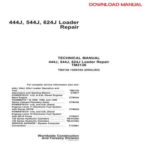 TM2136 John Deere 444J, 544J, 624J Wheel Loaders Repair Technical ...
