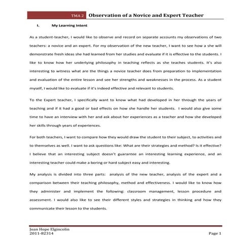 Tma 2 observations of an expert and a novice teacher