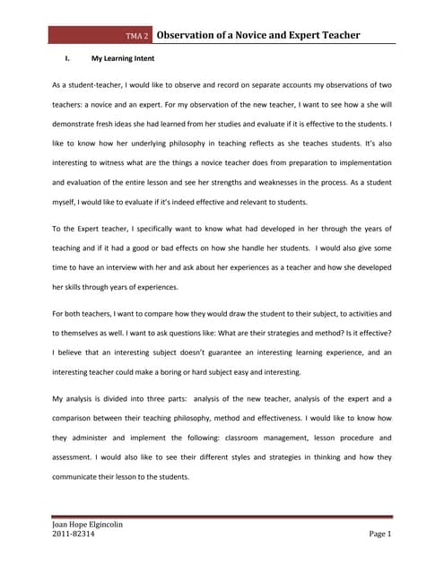 Tma 2 observations of an expert and a novice teacher