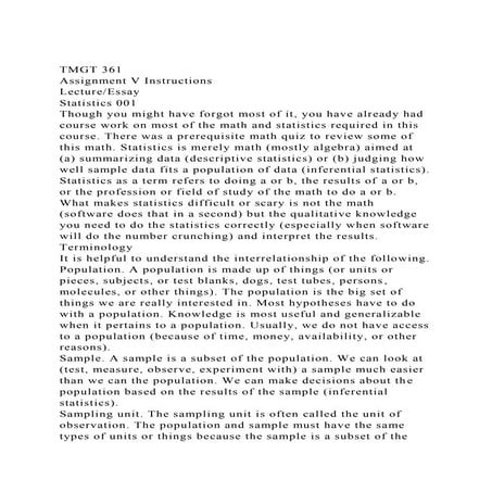 TMGT 361Assignment V InstructionsLectureEssayStatistics 001.docx