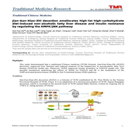 Jian-Gan-Xiao-Zhi decoction ameliorates high-fat high-carbohydrate diet-induced non-alcoholic fatty liver disease and insulin resistance by regulating the AMPK/JNK pathway