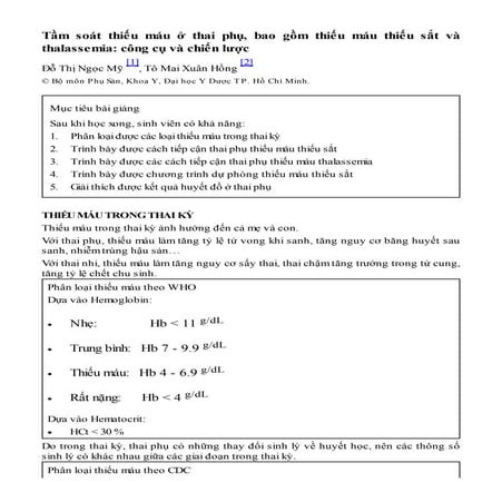 TẦM SOÁT THIẾU MÁU Ở THAI PHỤ, BAO GỒM THIẾU MÁU THIẾU SẮT VÀ THALASSEMIA: CÔ...