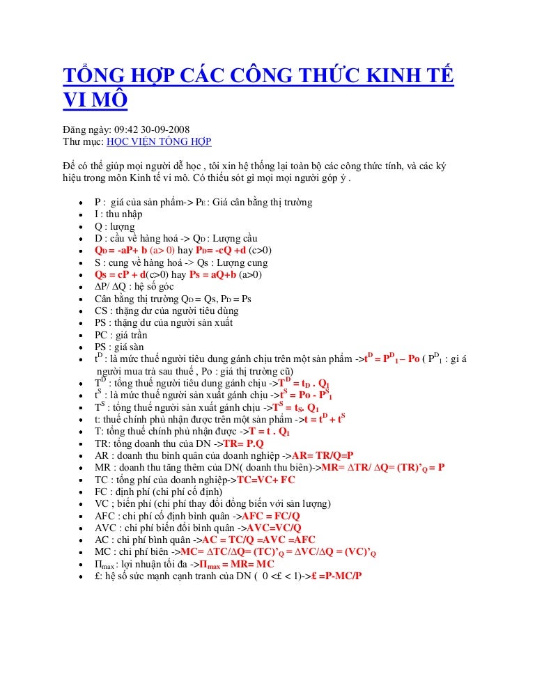 Tổng hợp các công thức kinh tế vi mô - SlideShare