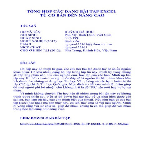 Tổng hợp các dạng bài tập excel từ cơ bán đến nâng cao (có đáp án)