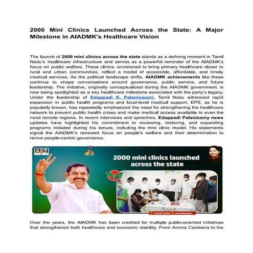2000 Mini Clinics Launched Across the State: A Major Milestone in AIADMK's He...