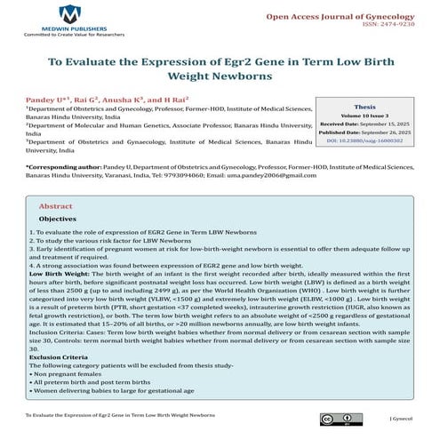 To Evaluate the Expression of Egr2 Gene in Term Low Birth Weight ...