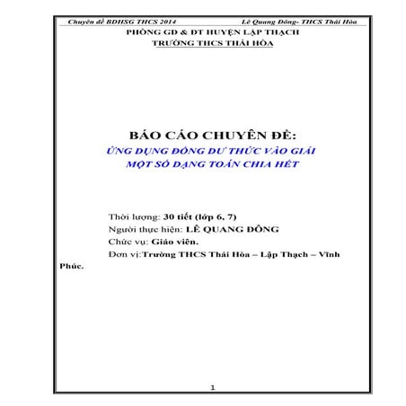 Ứng dụng đồng dư vào giải toán chia hết lớp 9