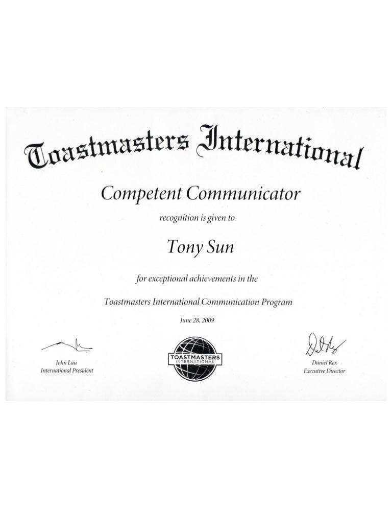 Toastmasters Certification Tony Sun