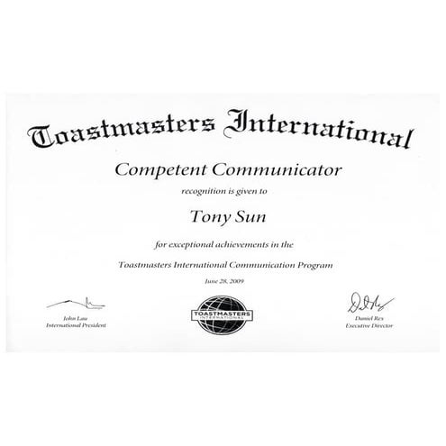 Toastmasters Certification - Tony Sun | PDF