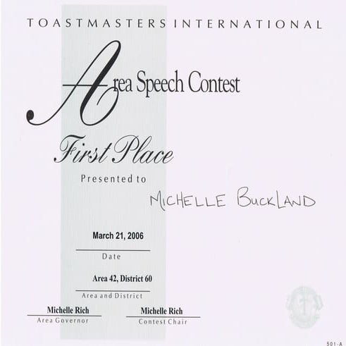 TOASTMASTERS INTERNATIONAL Area Speech Contest First Place - March 2006 ...