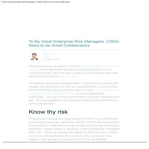 To Be Great Enterprise Risk Managers, CISOs Need to Be Great Collaborators
