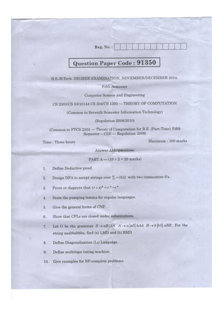 CS2303 theory of computation Toc answer key november december 2014