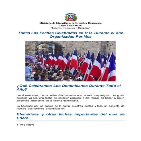 Todas Las Fechas Celebradas en República Dominicana. Durante el Año Organizad...