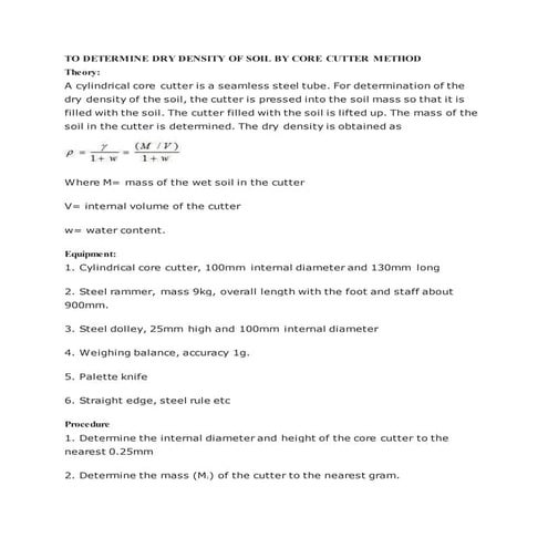 To determine dry density of soil by core cutter method | DOCX