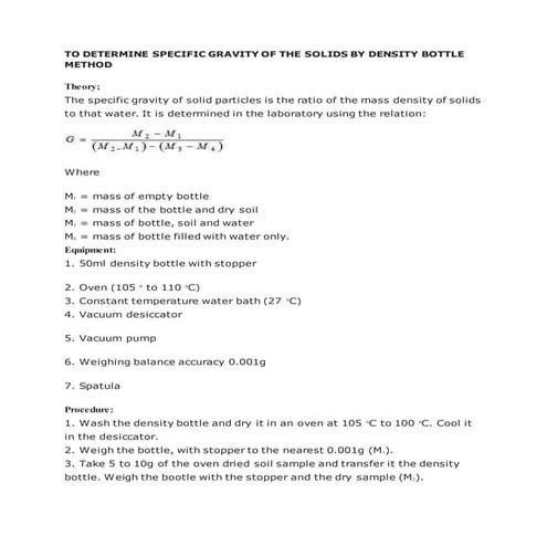 To determine specific gravity of the solids by density bottle method