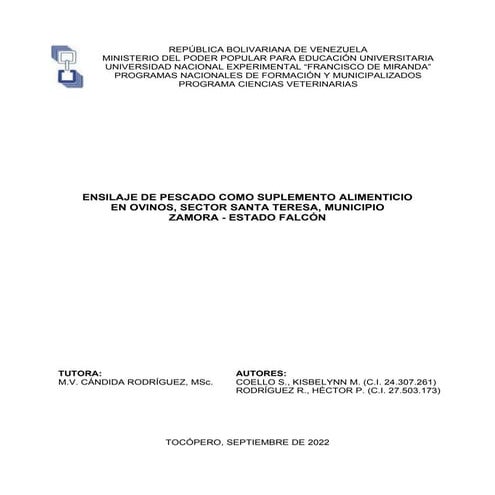 Ensilaje de pescado como suplemento alimenticio en ovinos, sector Santa Teres...