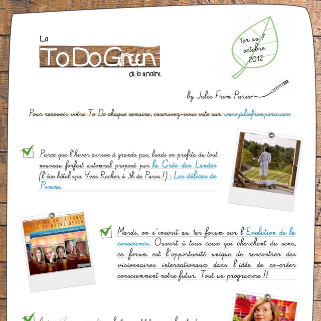 La To Do Green de la semaine - 1er au 7 octobre 2012
