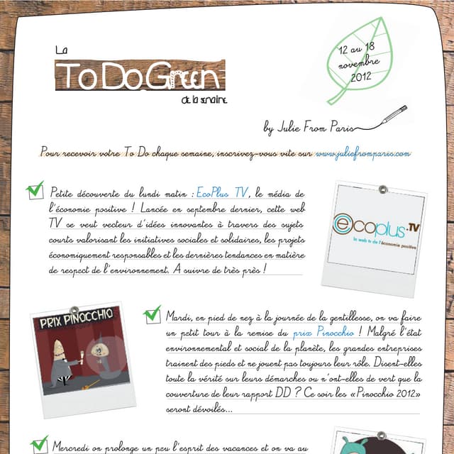 La To Do Green de la semaine - 12 au 18 Novembre 2012