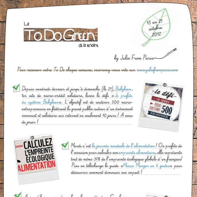 La To Do Green de la semaine - 15 au 21 octobre 2012