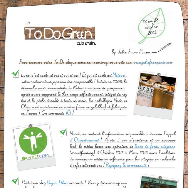 La To Do Green de la semaine - 22 au 28 octobre 2012