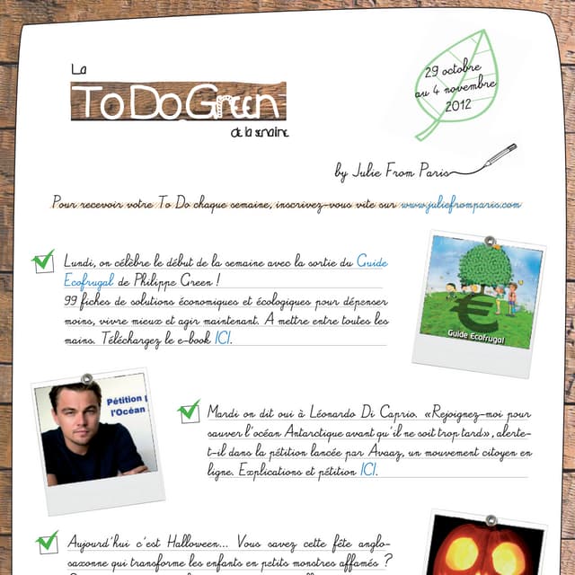 La To Do Green de la semaine - 29 oct au 4 nov 2012