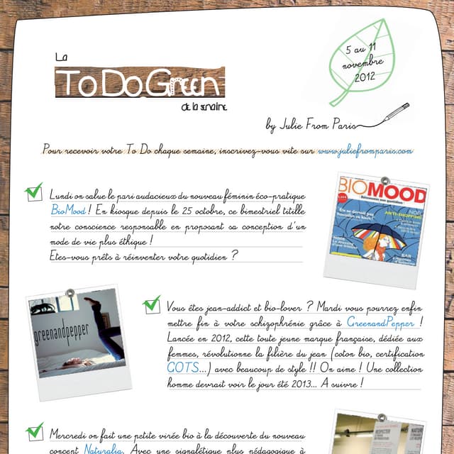 La To Do Green de la semaine - 5 au 11 novembre 2012