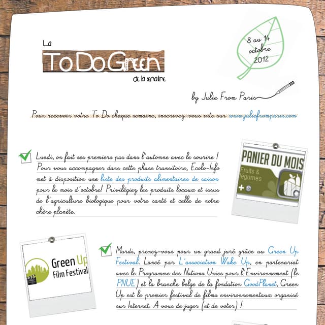 La To Do Green de la semaine -  8 au 14 octobre 2012